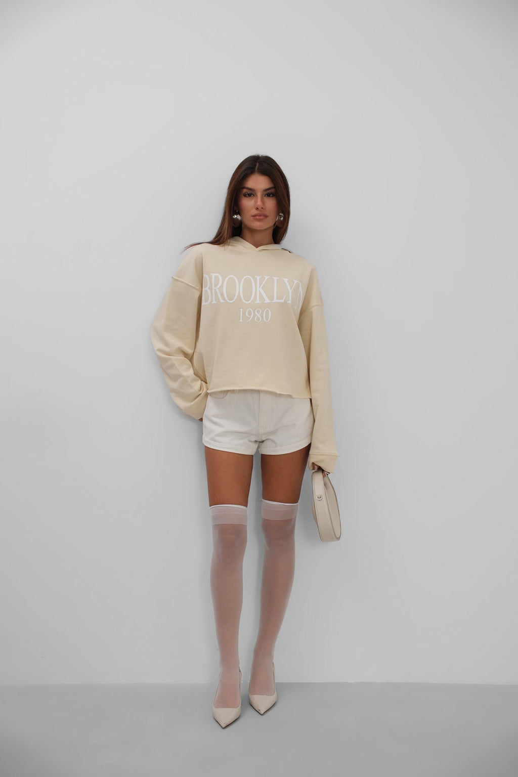 Baskili Kapusonlu Beige Sweatshirtshirt