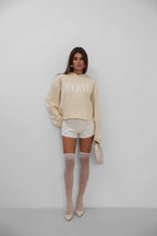 Baskili Kapusonlu Beige Sweatshirtshirt