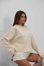 Baskili Kapusonlu Beige Sweatshirtshirt