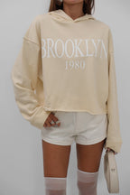 Baskili Kapusonlu Beige Sweatshirtshirt