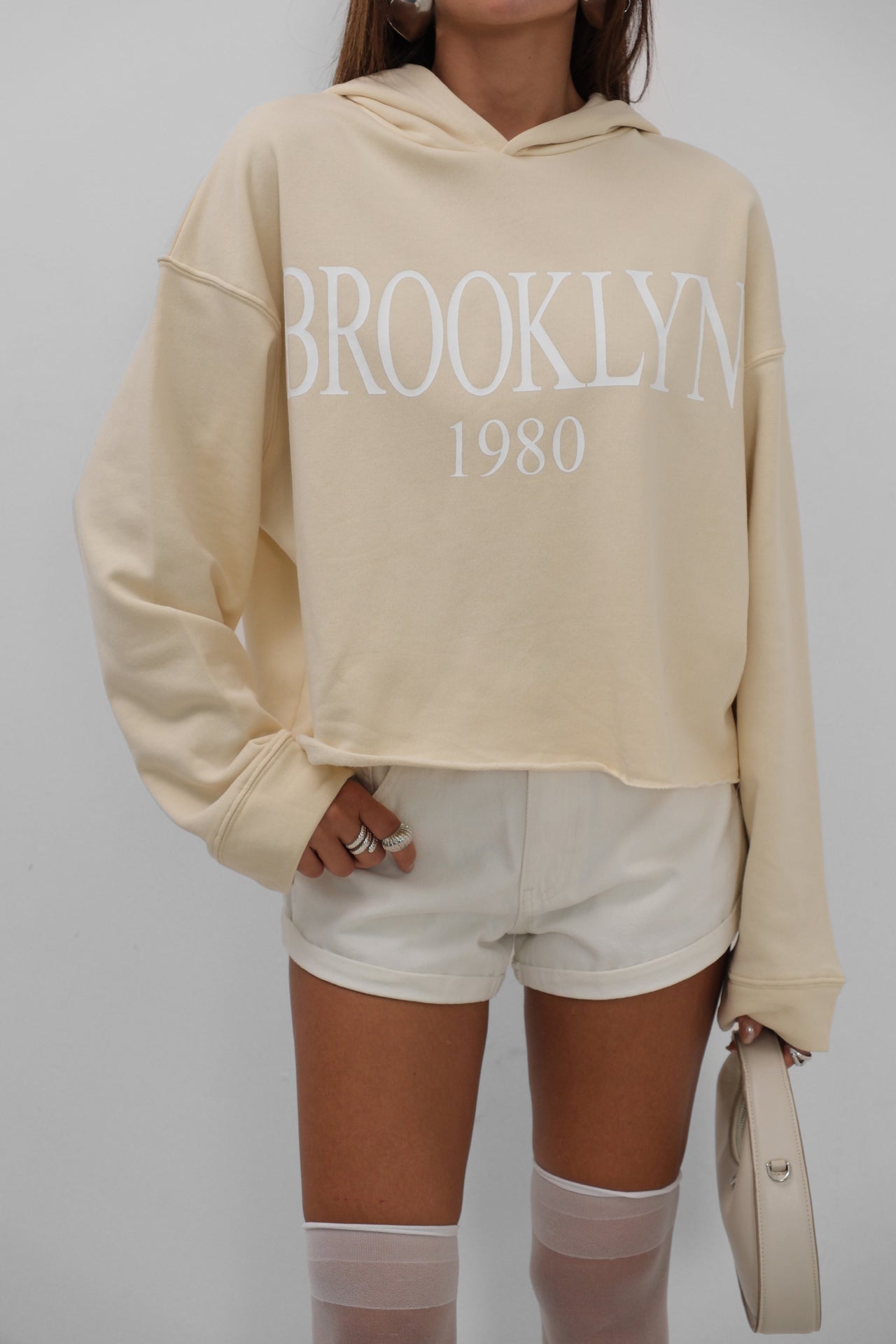 Baskili Kapusonlu Beige Sweatshirtshirt