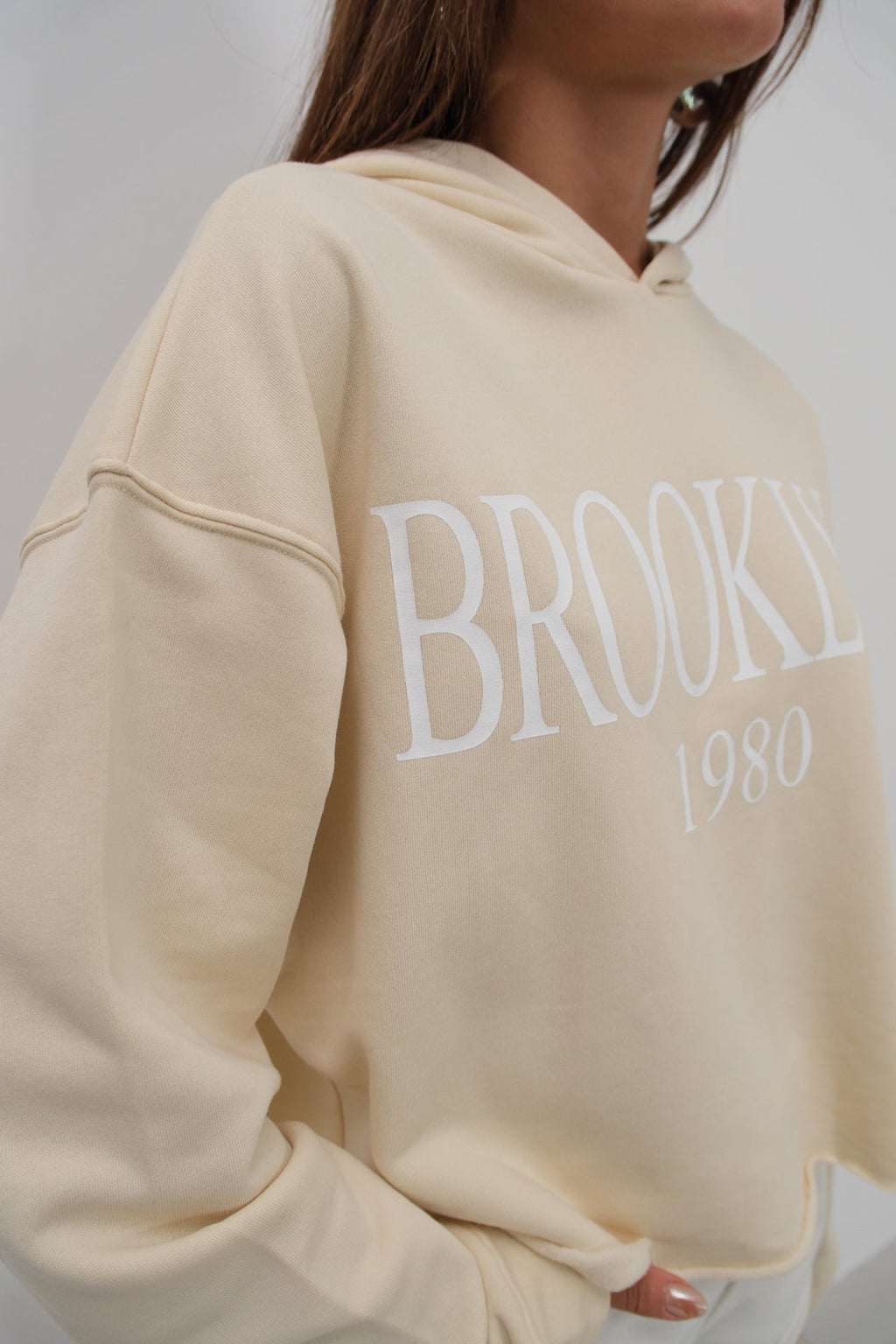 Baskili Kapusonlu Beige Sweatshirtshirt