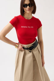 Delete My Ex Printed Lycra Crop Red T-Shirt