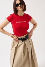 Delete My Ex Printed Stretch Crop Red T-Shirt