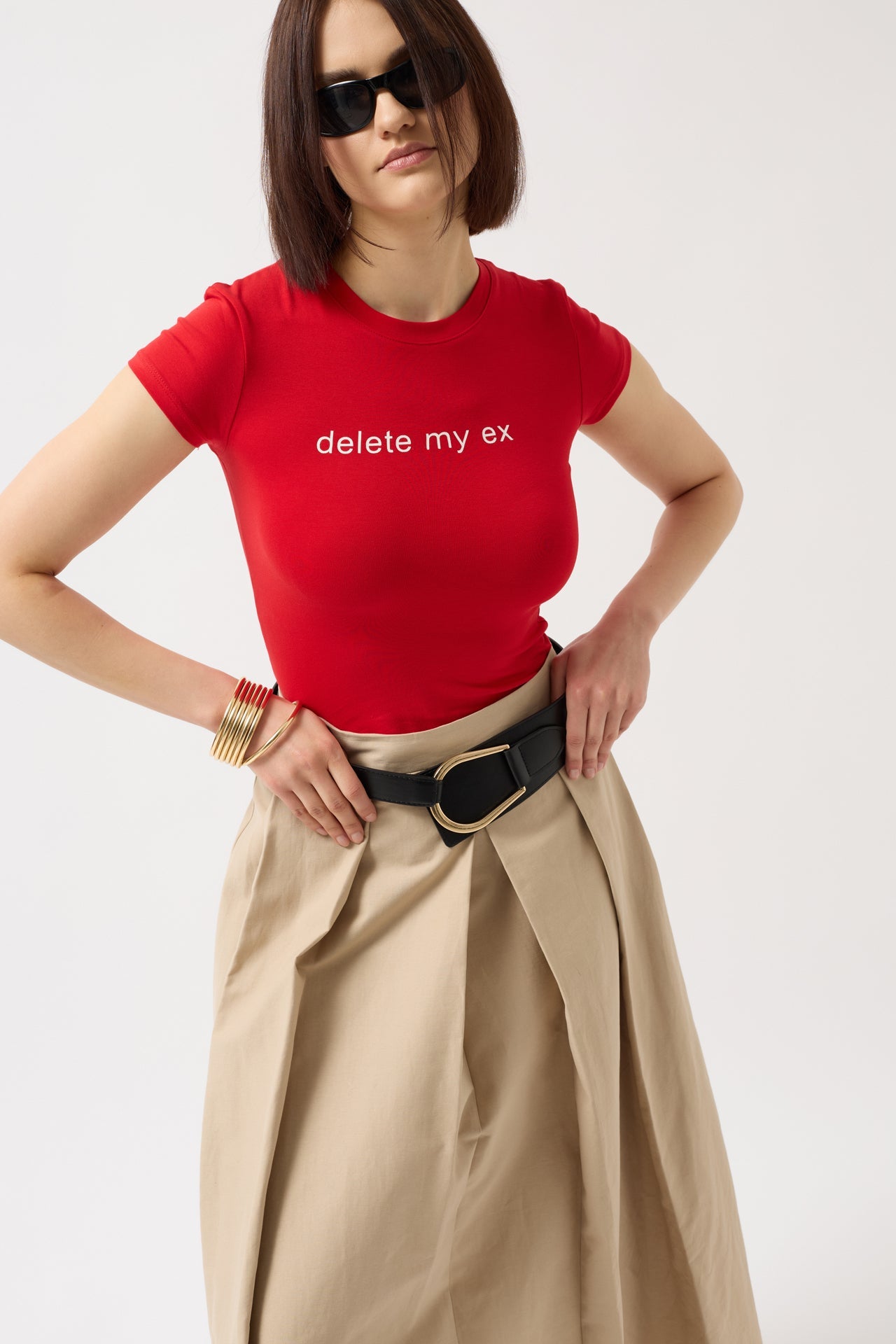 Delete My Ex Printed Stretch Crop Red T-Shirt