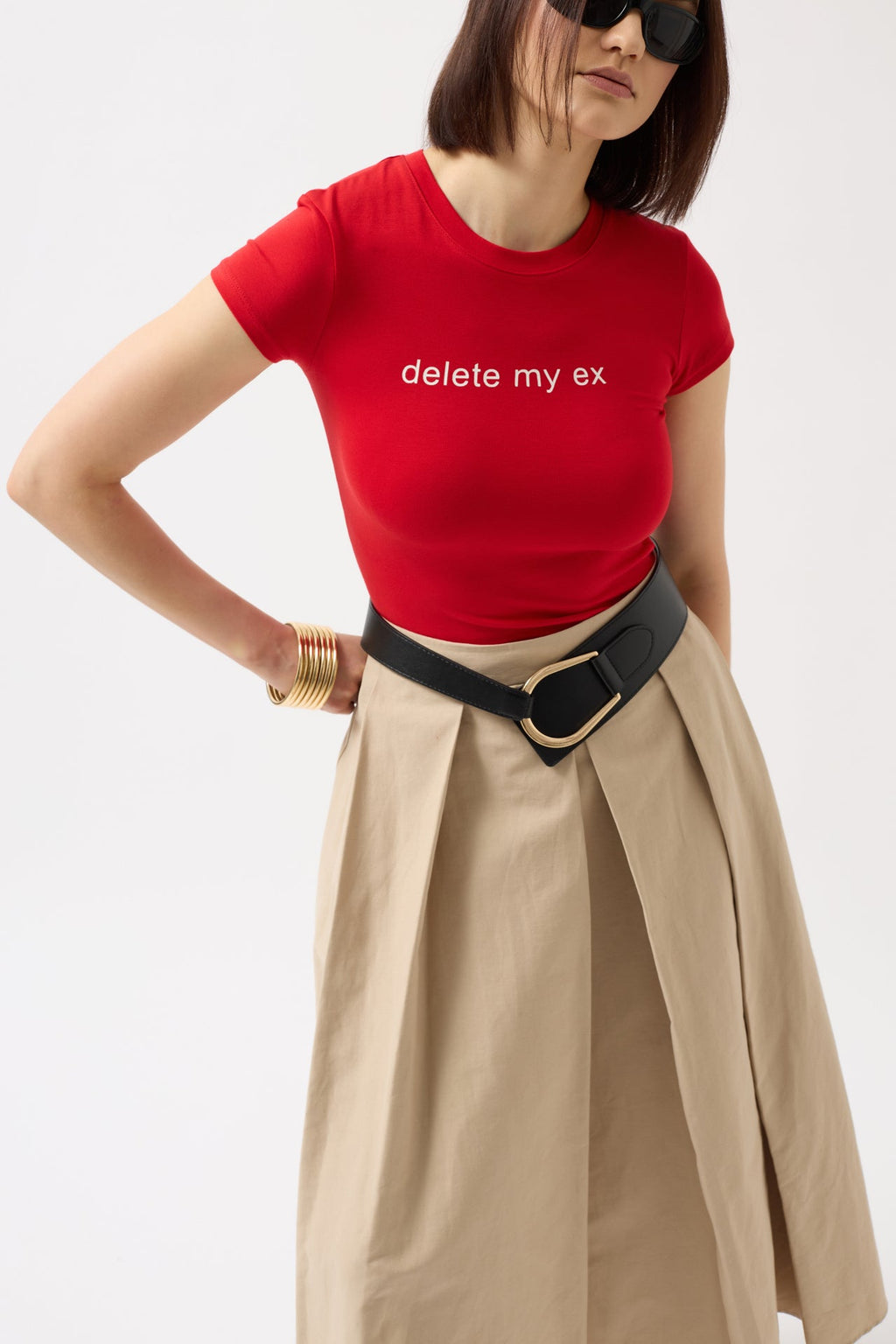 Delete My Ex Printed Stretch Crop Red T-Shirt