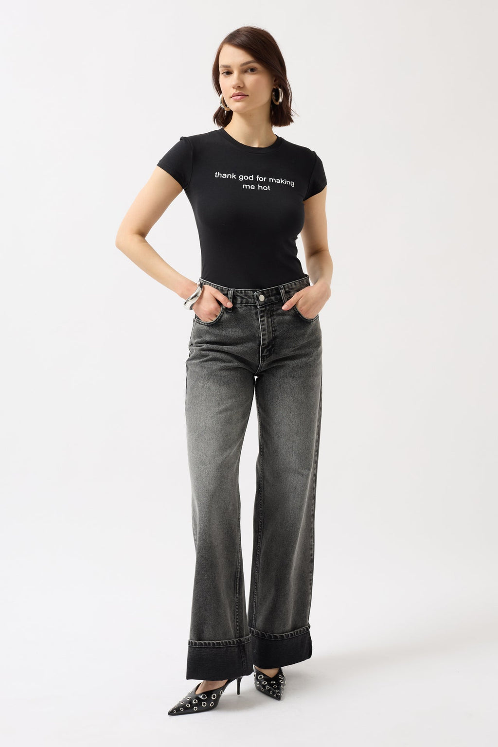 Thanks God Printed Stretch Crop Black T-Shirt