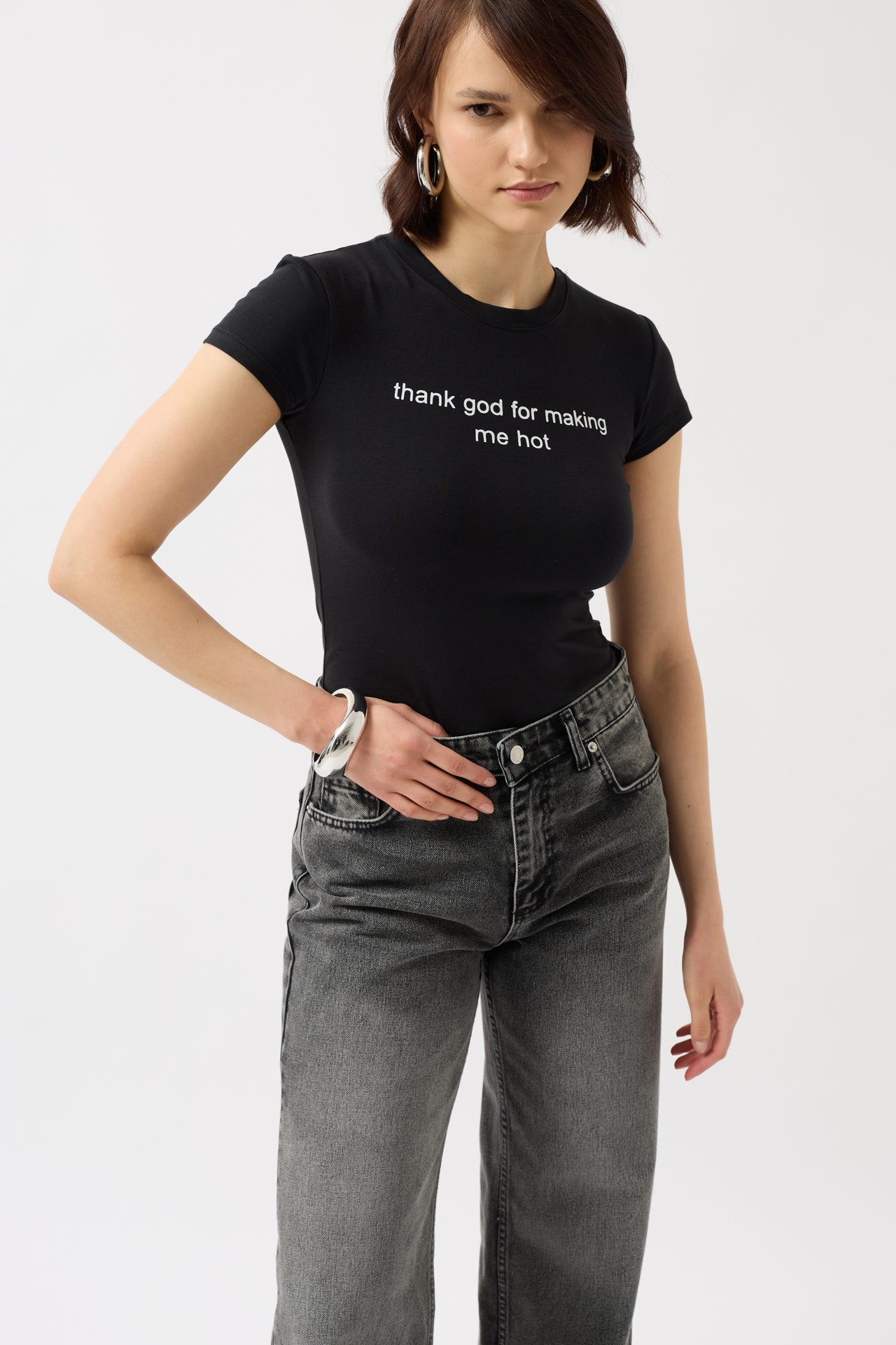 Thanks God Printed Stretch Crop Black T-Shirt