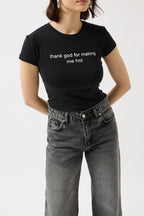 Thanks God Printed Stretch Crop Black T-Shirt