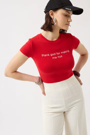 Thank God Printed Lycra Crop Red T-Shirt