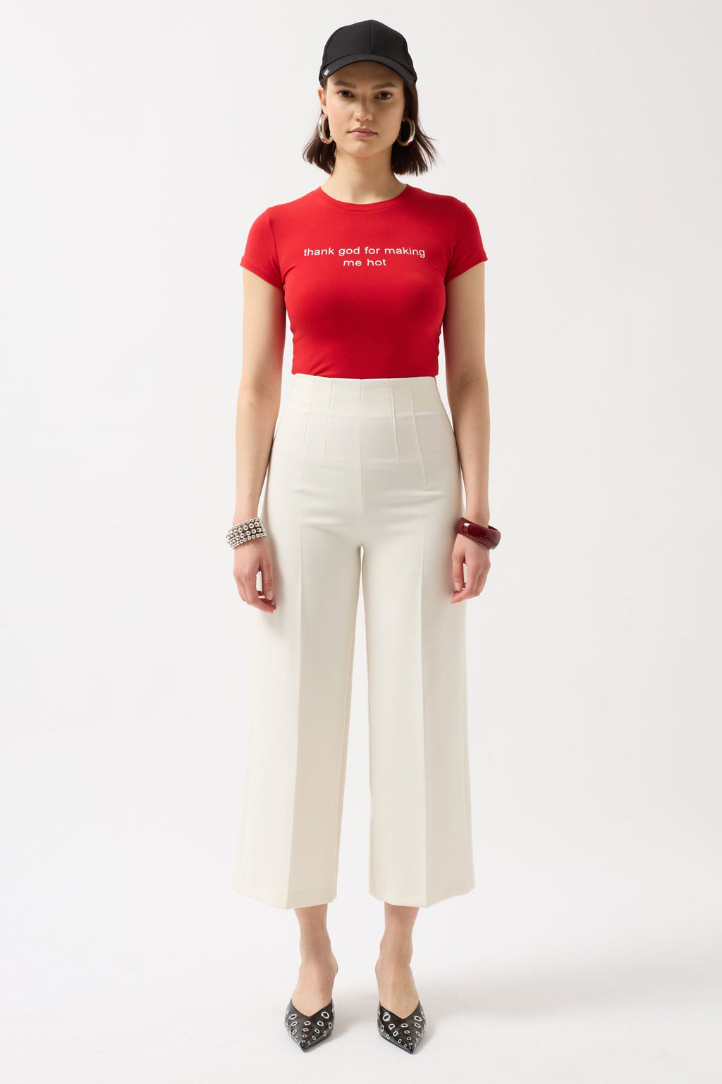Thanks God Printed Stretch Crop Red T-Shirt