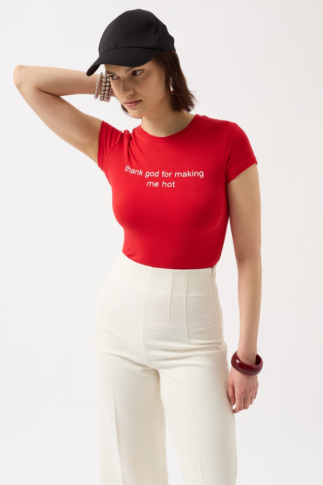 Thanks God Printed Stretch Crop Red T-Shirt