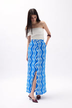 Printed Front Slit Blue Skirt