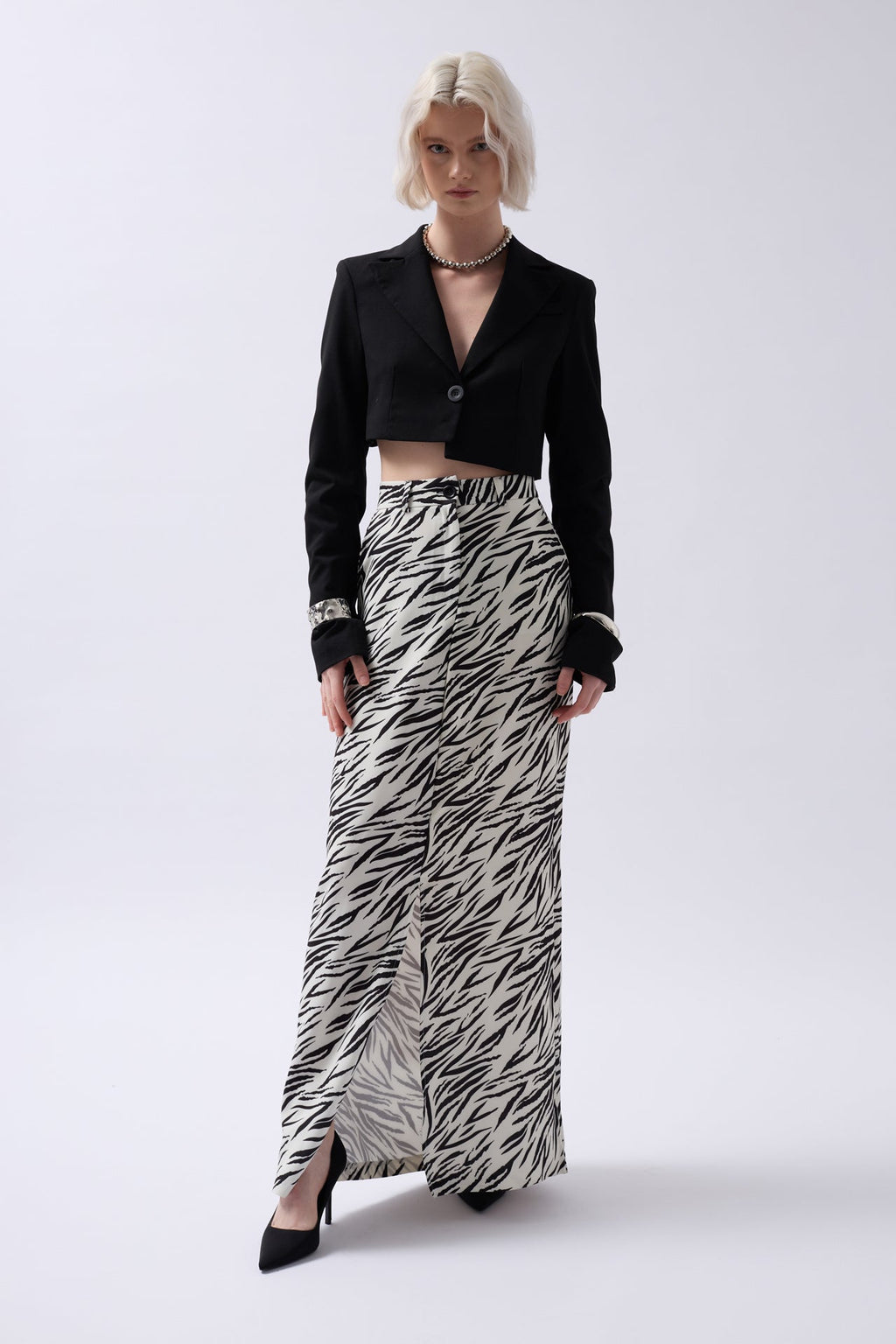 Printed Front Slit Black Skirt