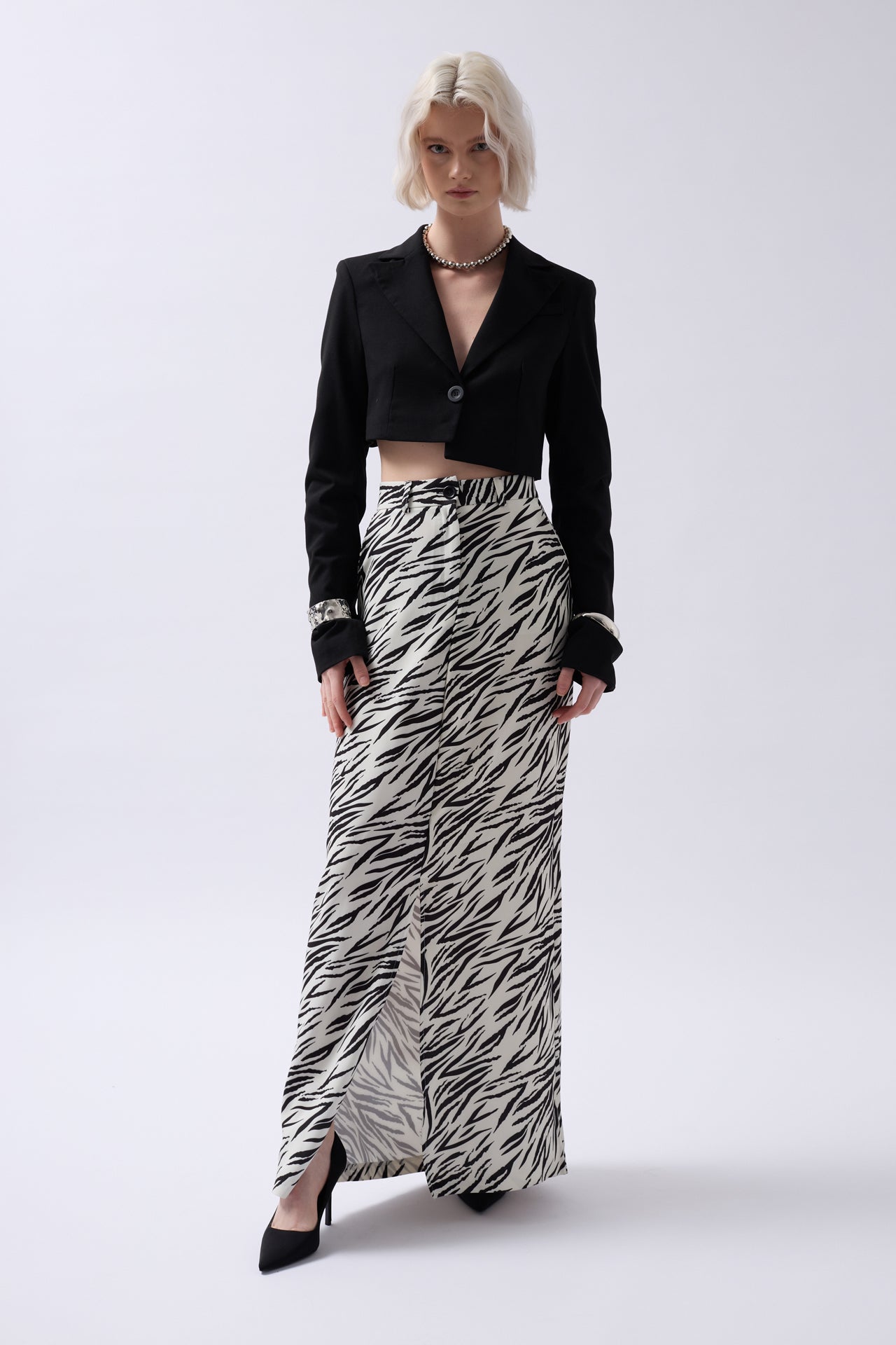 Printed Front Slit Black Skirt