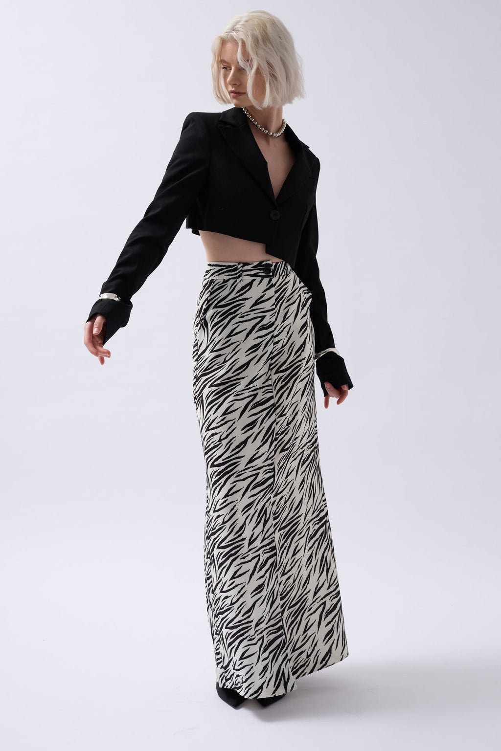 Printed Front Slit Black Skirt
