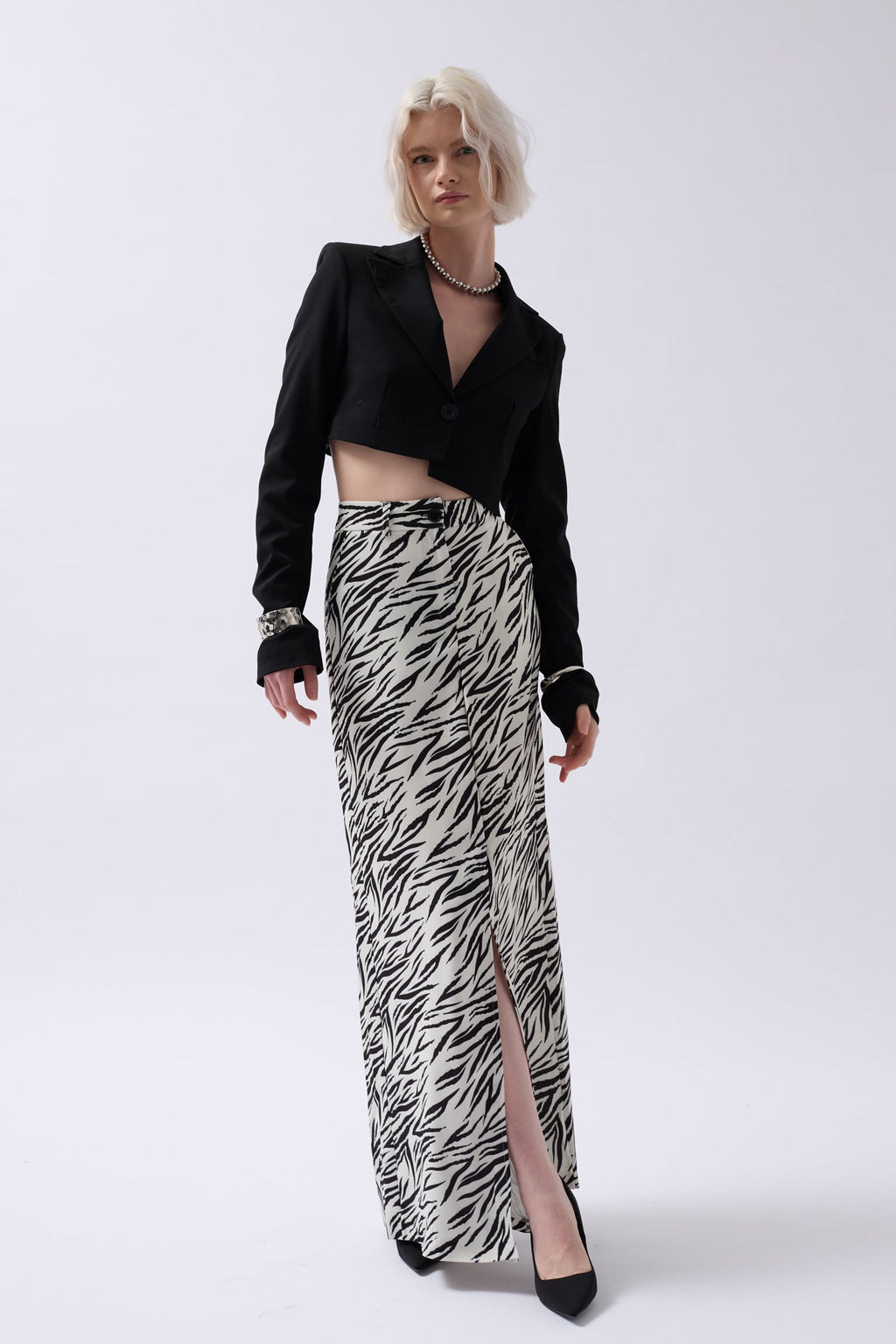 Printed Front Slit Black Skirt