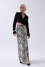 Printed Front Slit Black Skirt