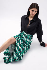 Printed Front Slit Green Skirt