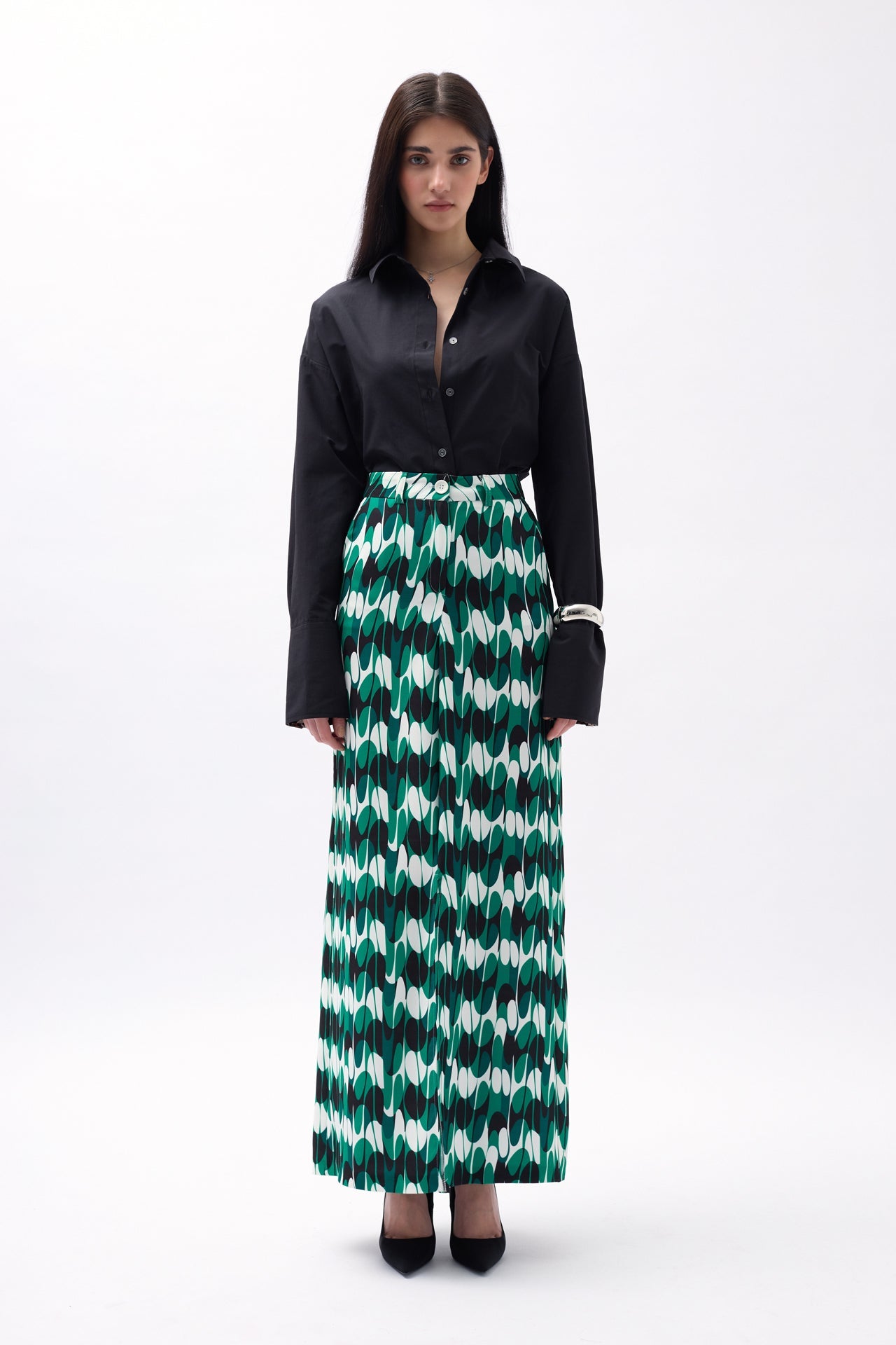 Printed Front Slit Green Skirt
