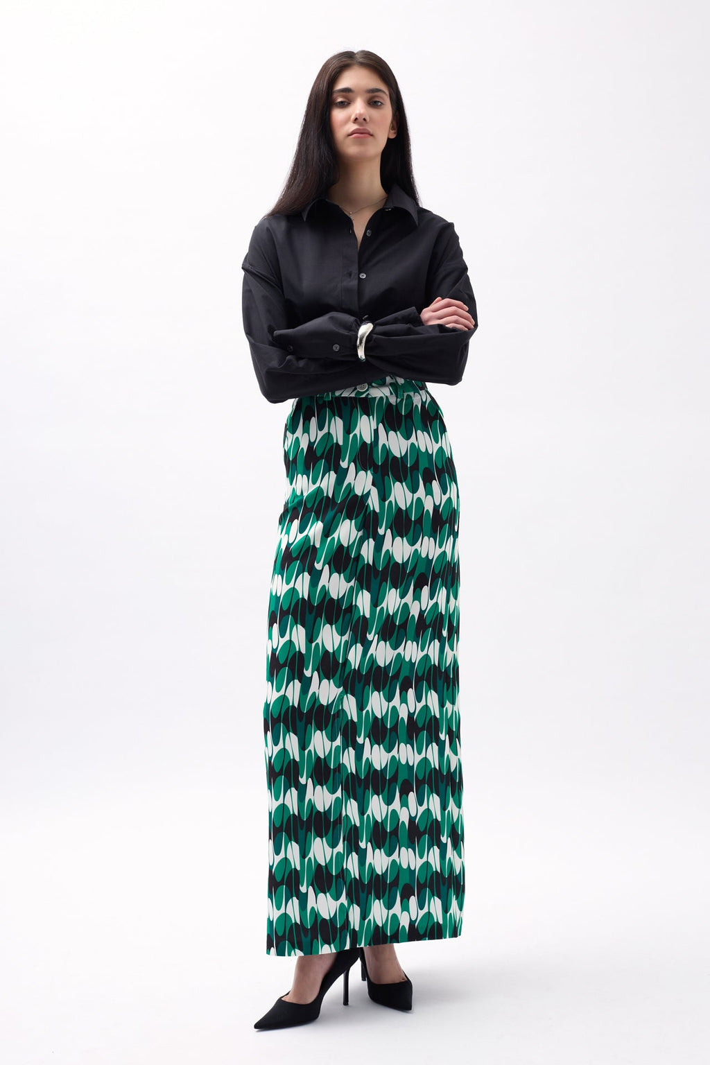 Printed Front Slit Green Skirt