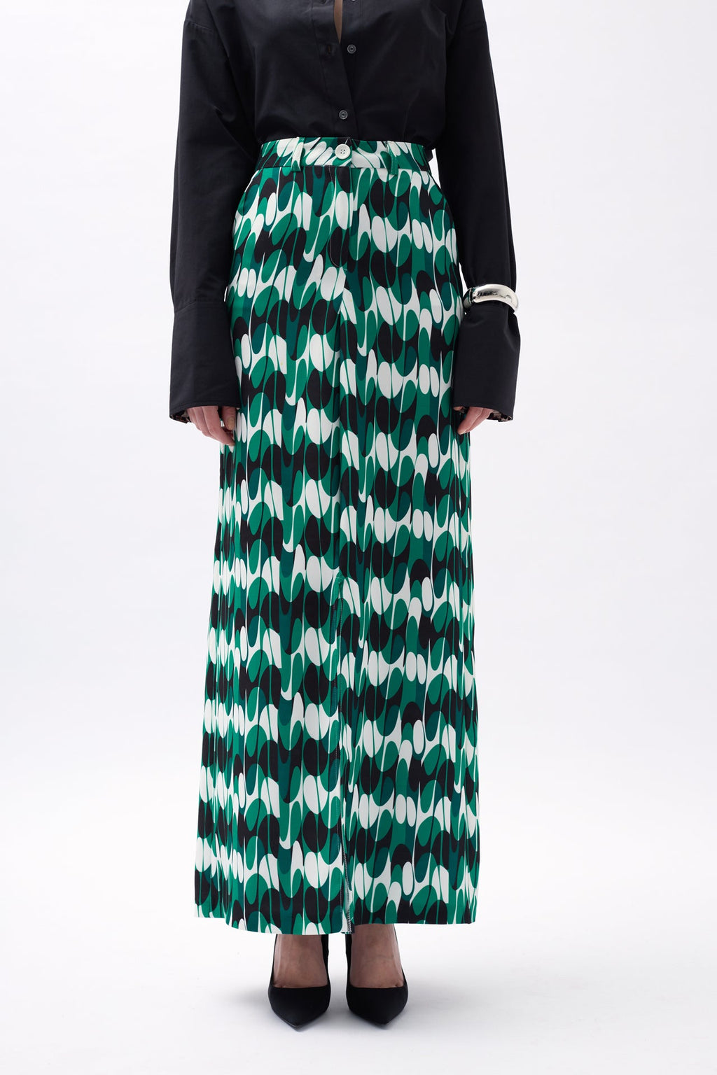 Printed Front Slit Green Skirt