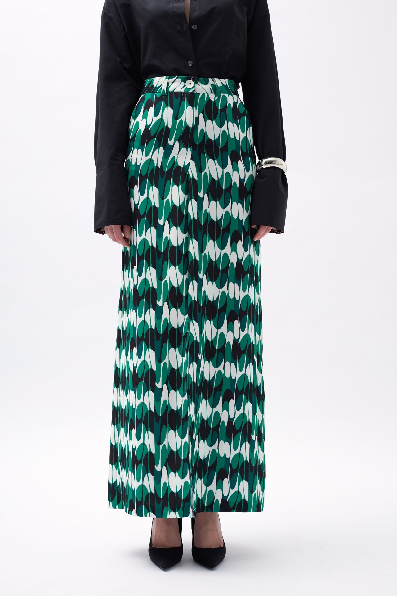 Printed Front Slit Green Skirt