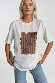 Sea Soul Printed Oversized White T-Shirt
