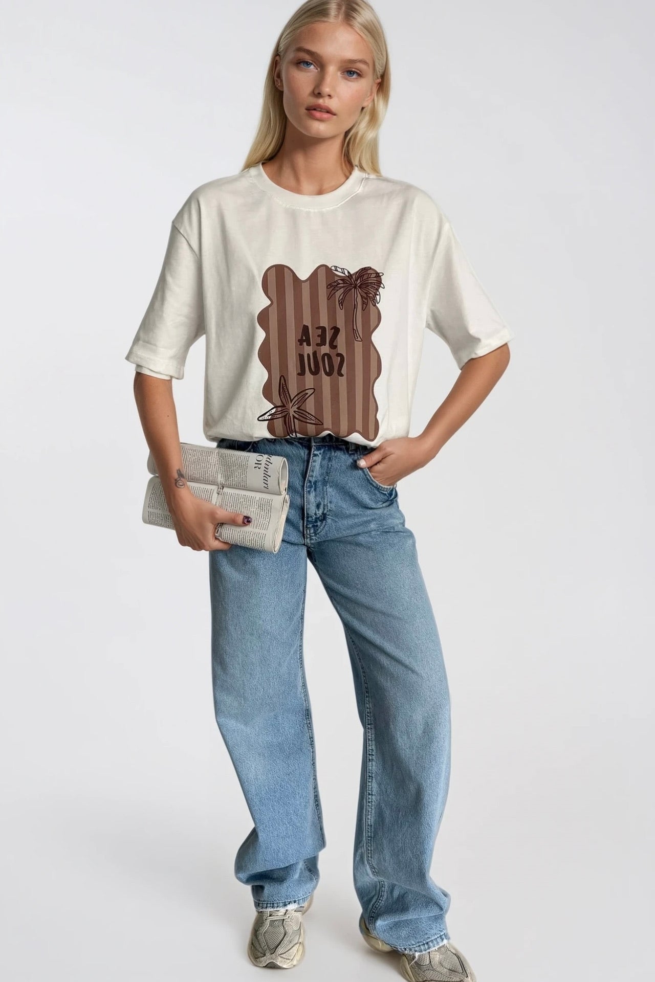 Sea Soul Printed Oversize White T-Shirt