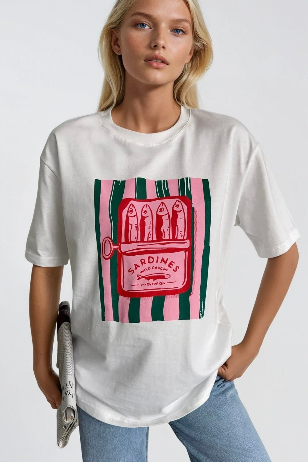 Sardines Printed Oversize White T-Shirt