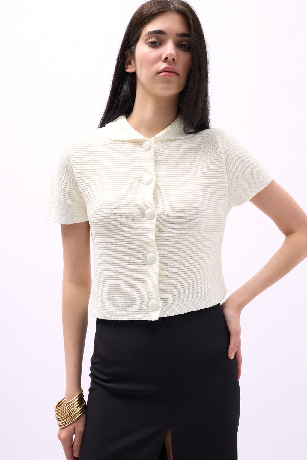 Peter Pan Collar Buttoned Ecru Blouse