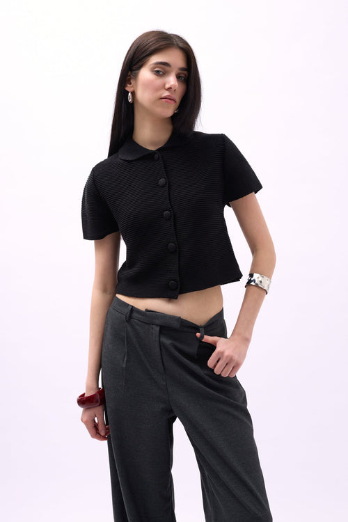 Baby Collar Buttoned Black Blouse