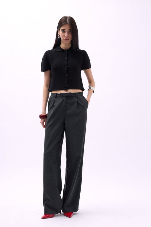 Baby Collar Buttoned Black Blouse