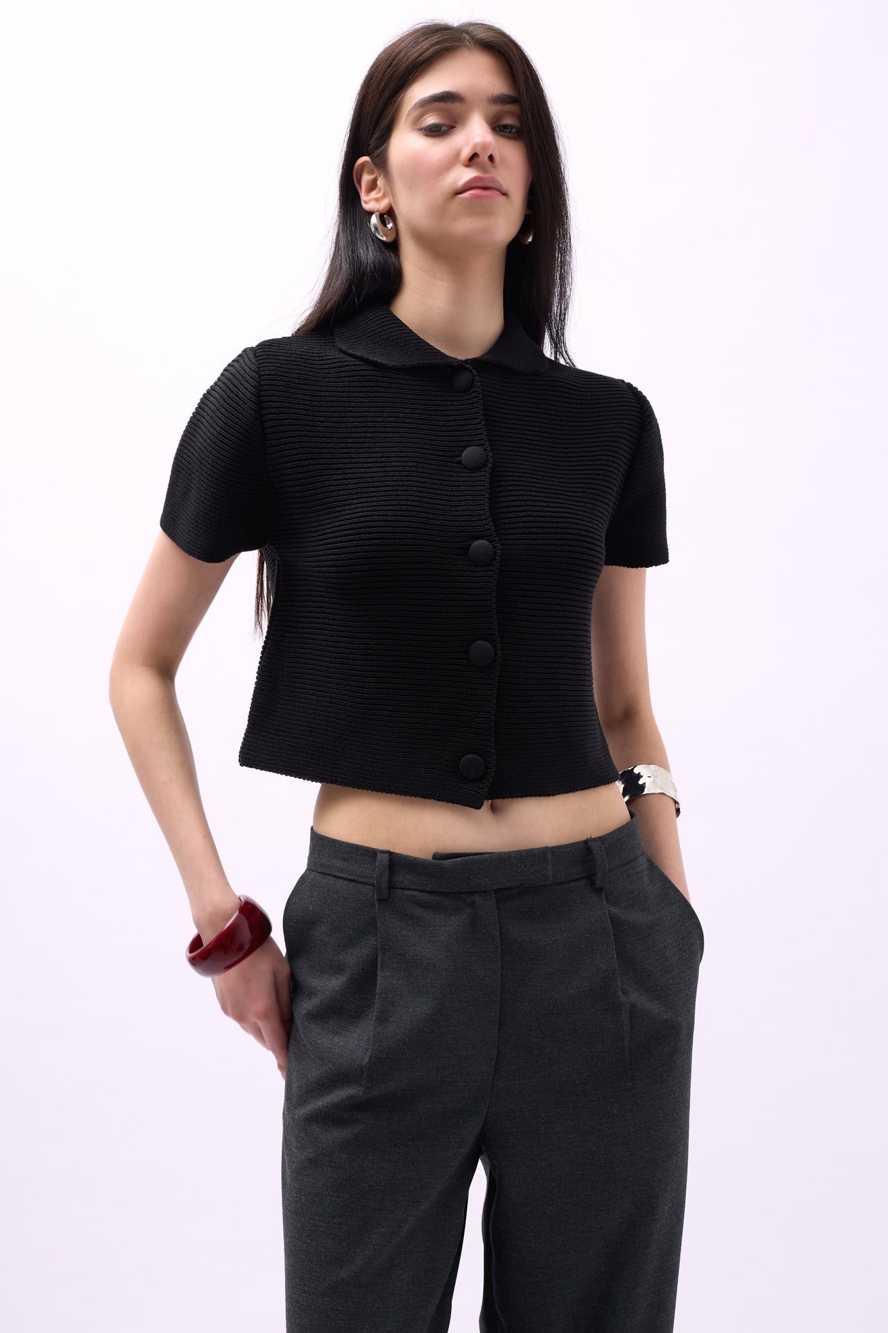 Peter Pan Collar Buttoned Black Blouse
