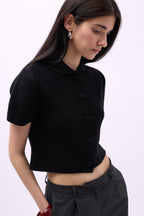 Peter Pan Collar Buttoned Black Blouse