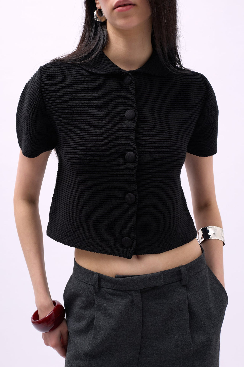Peter Pan Collar Buttoned Black Blouse
