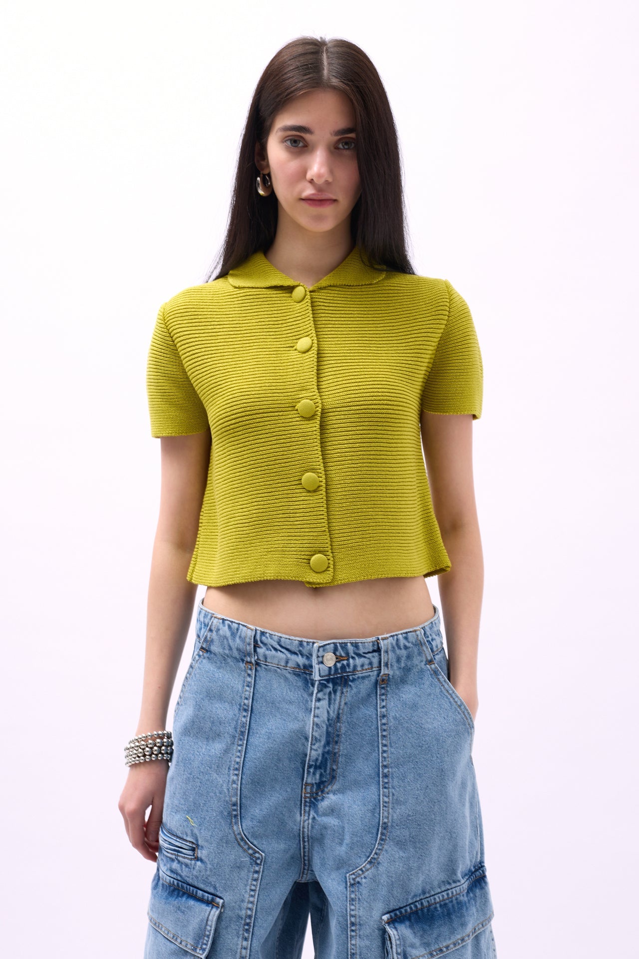 Peter Pan Collar Buttoned Green Blouse