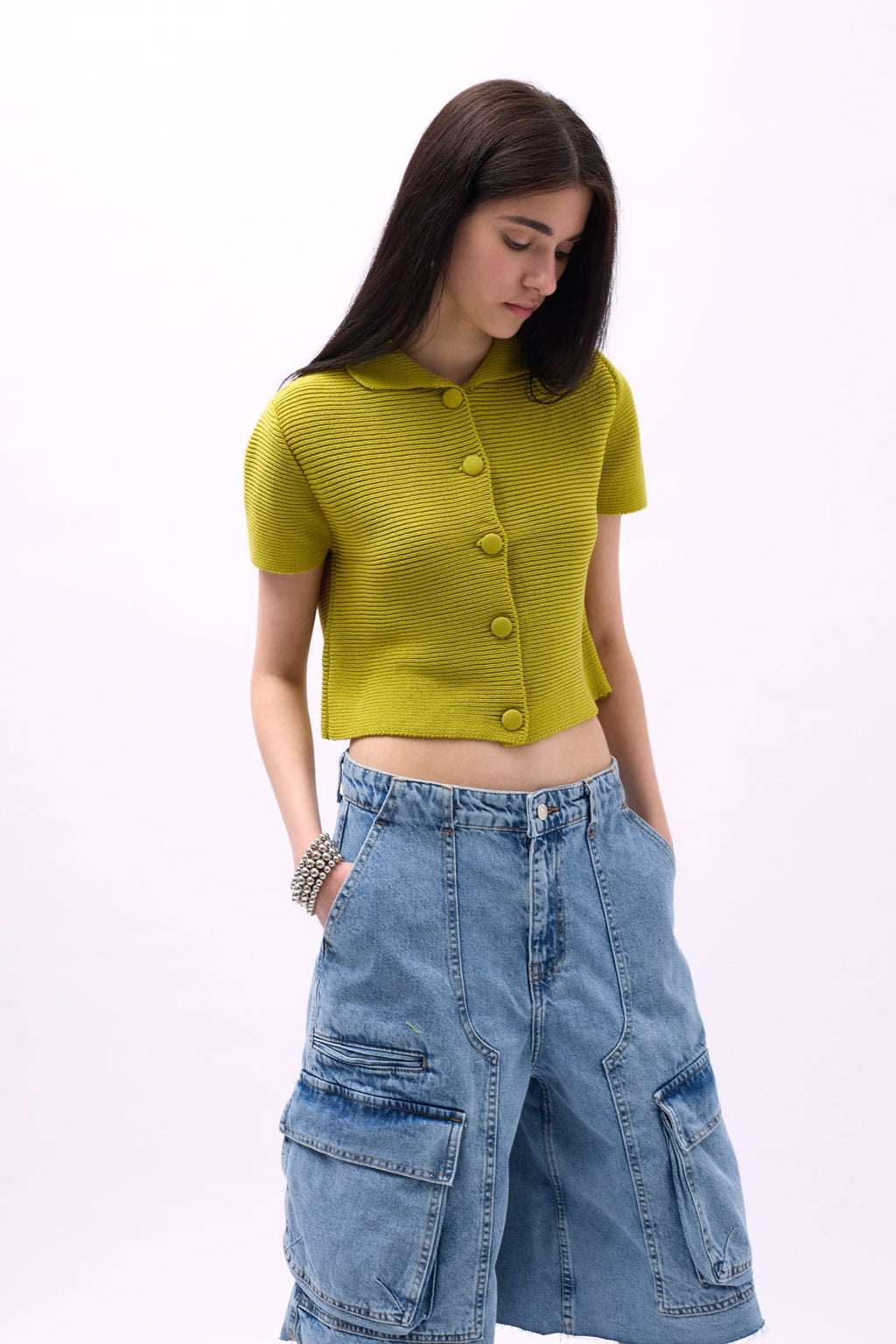Peter Pan Collar Buttoned Green Blouse