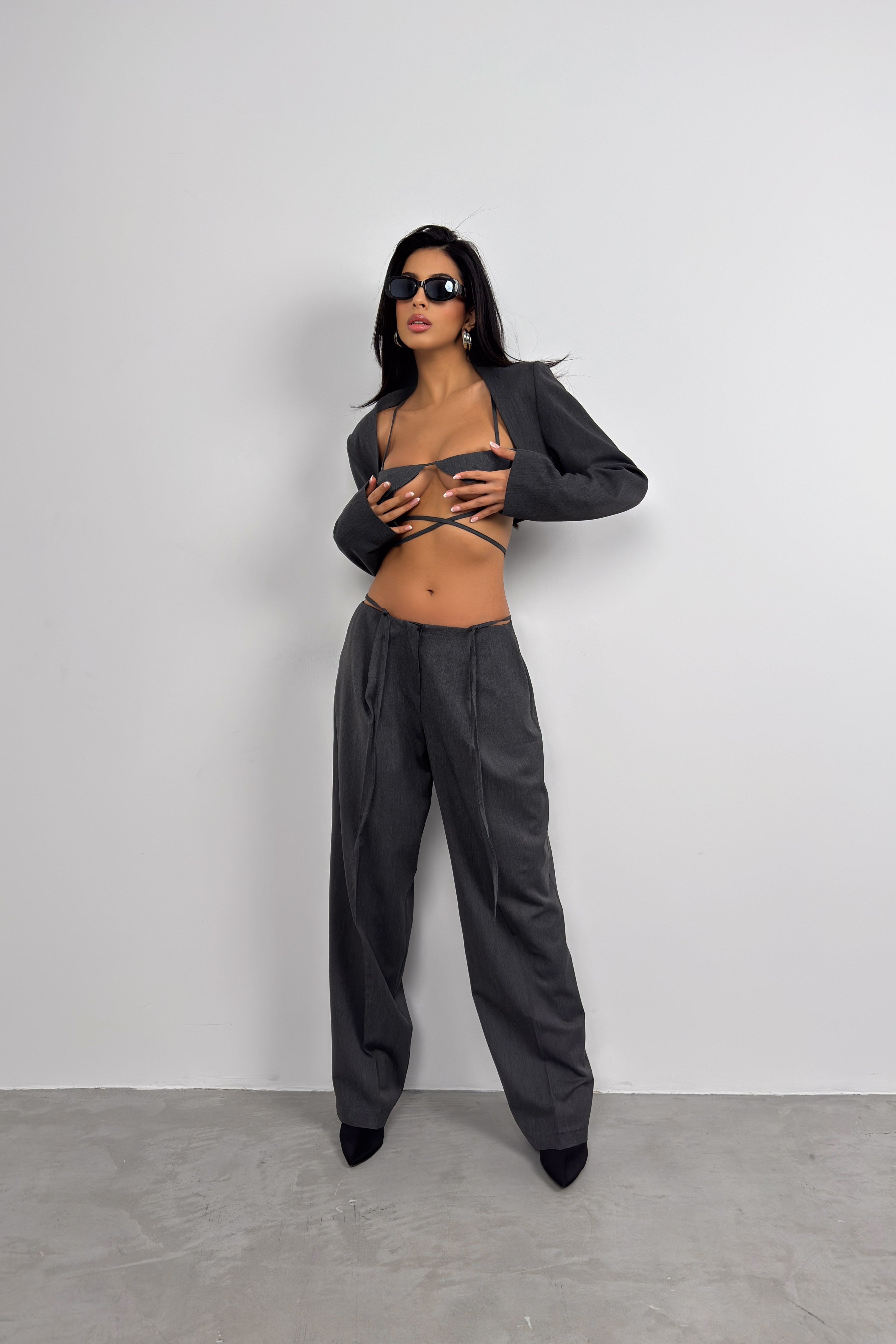 Waist Drawstring Detail Dark Gray Pants