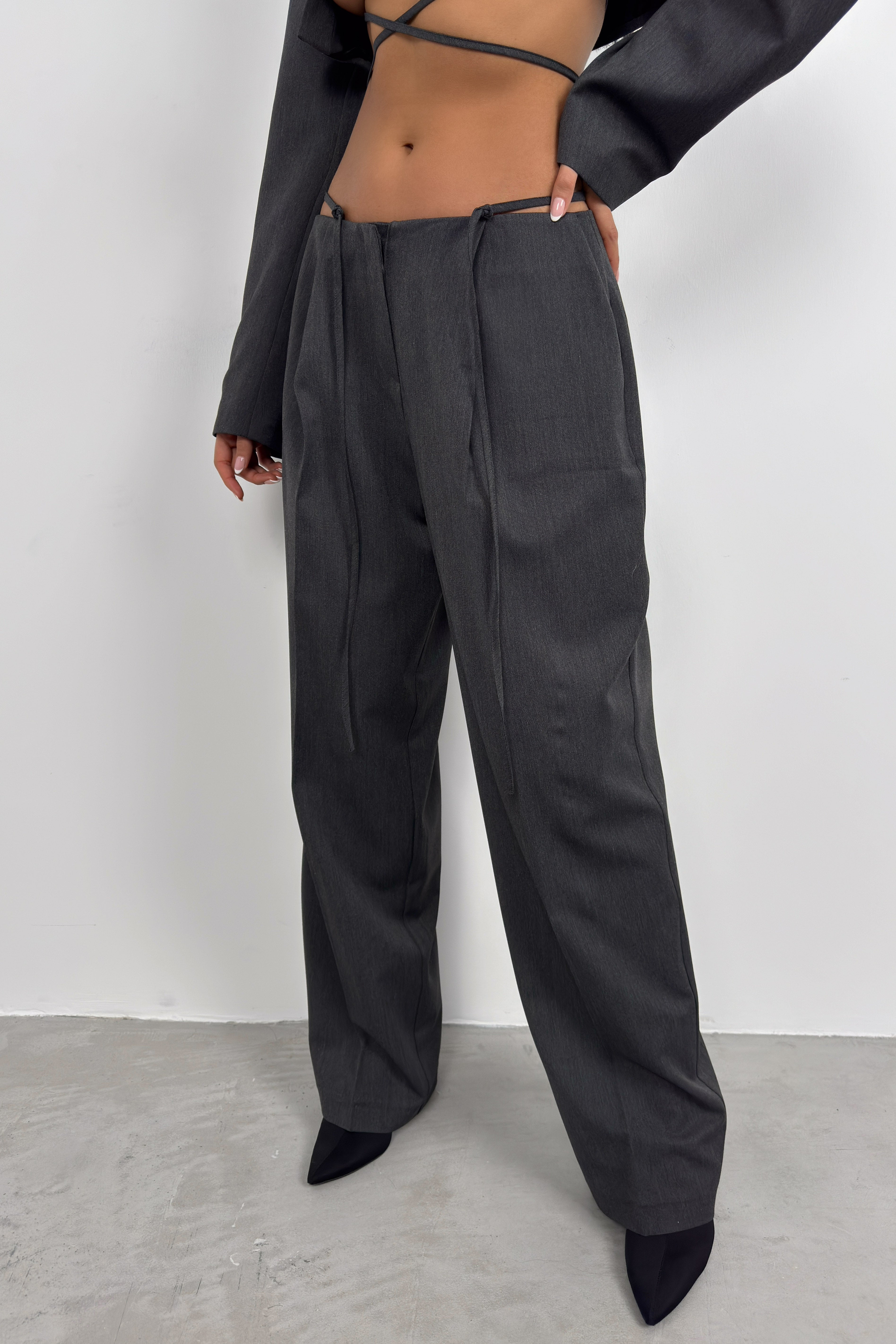 Waist Drawstring Detail Dark Gray Pants