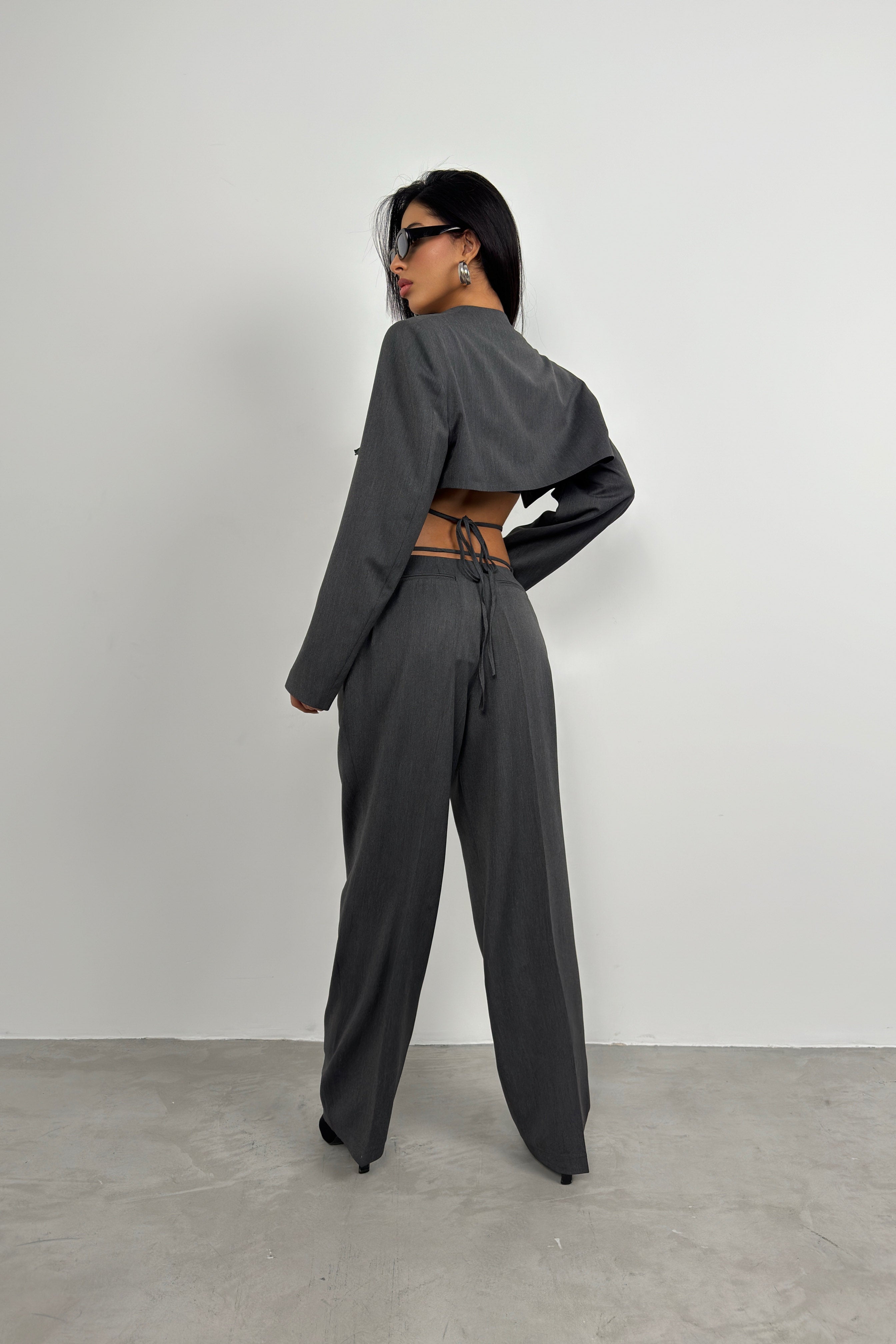 Waist Drawstring Detail Dark Gray Pants