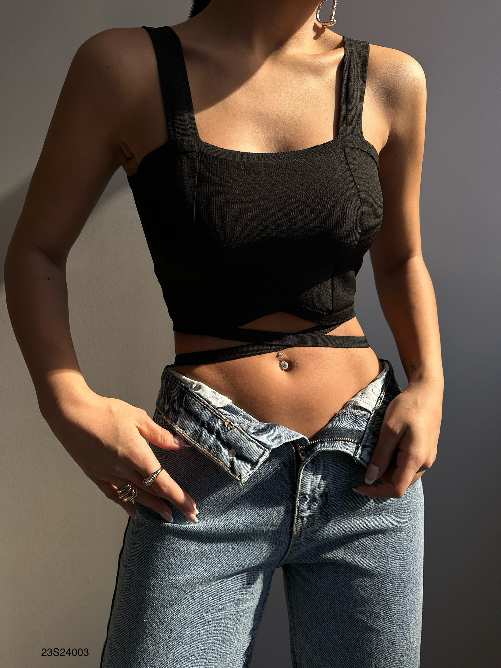 Waist Tie Black Crop Blouse
