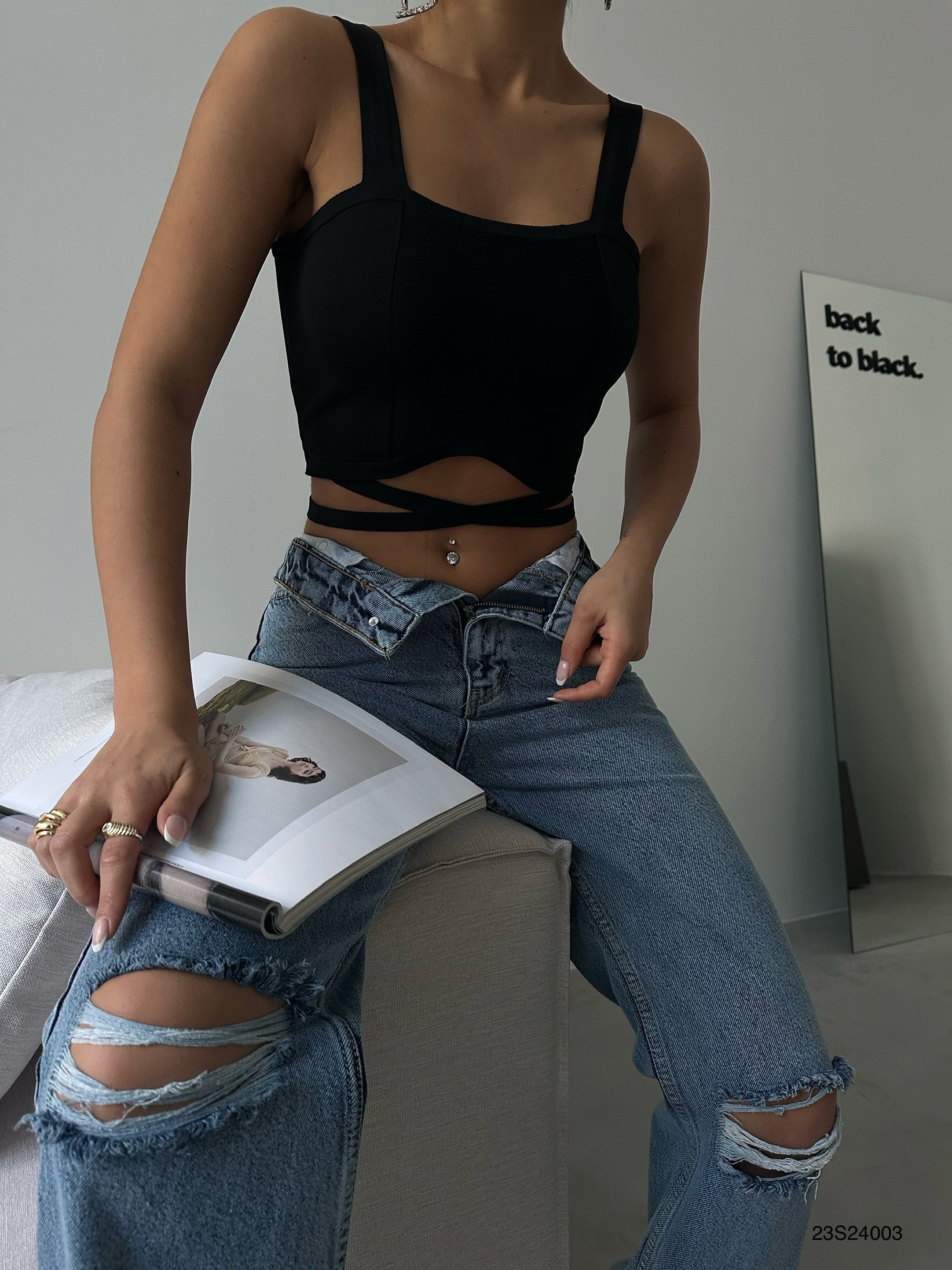 Waist Tie Black Crop Blouse