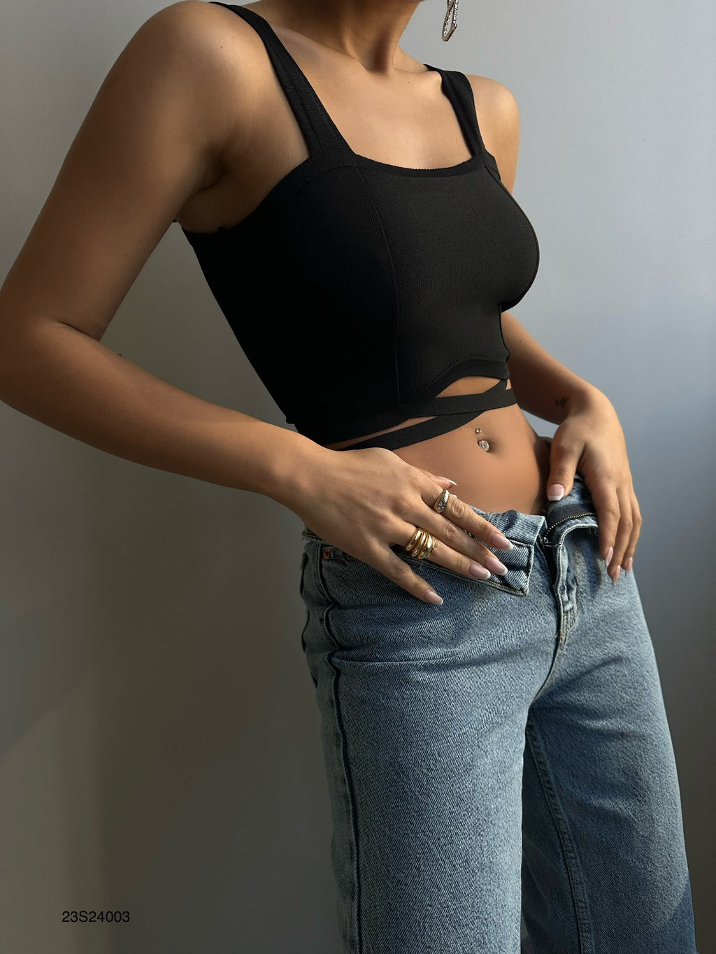 Waist Tie Black Crop Blouse