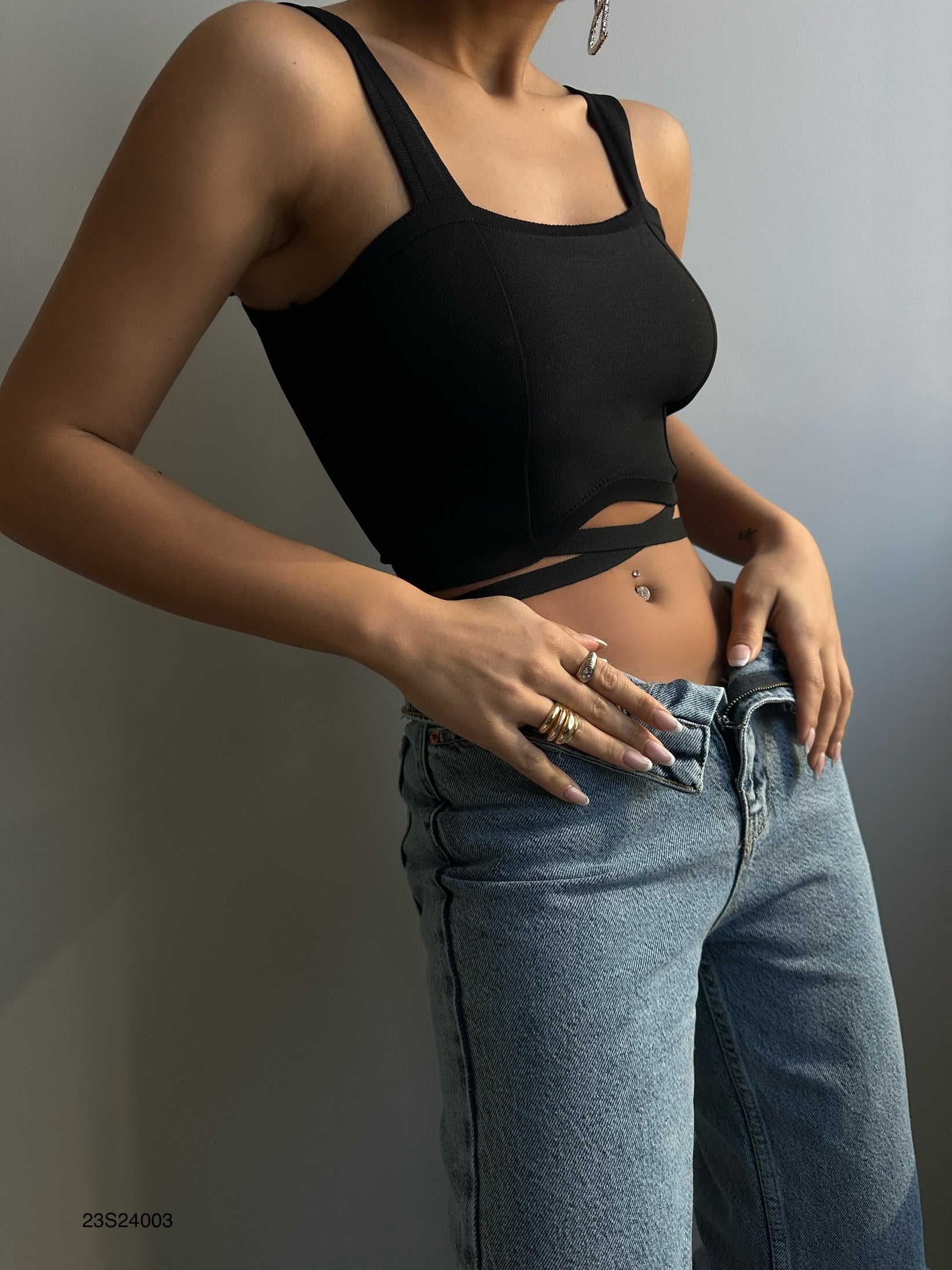 Waist Tie Black Crop Blouse