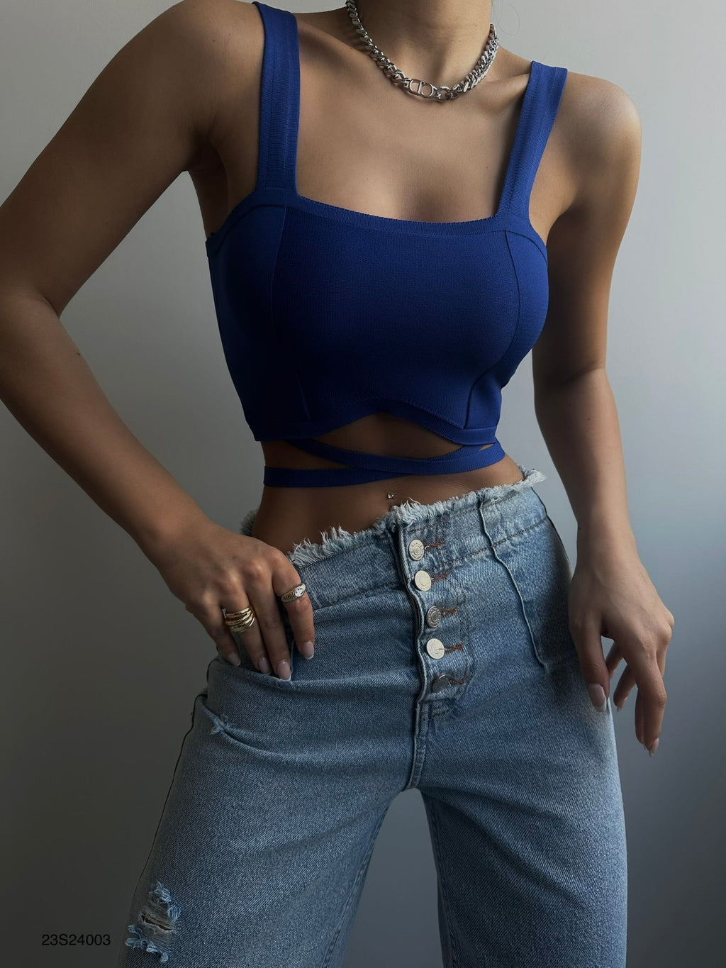 Waist Tie Blue Crop Blouse