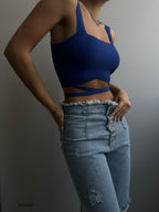 Waist Tie Blue Crop Blouse