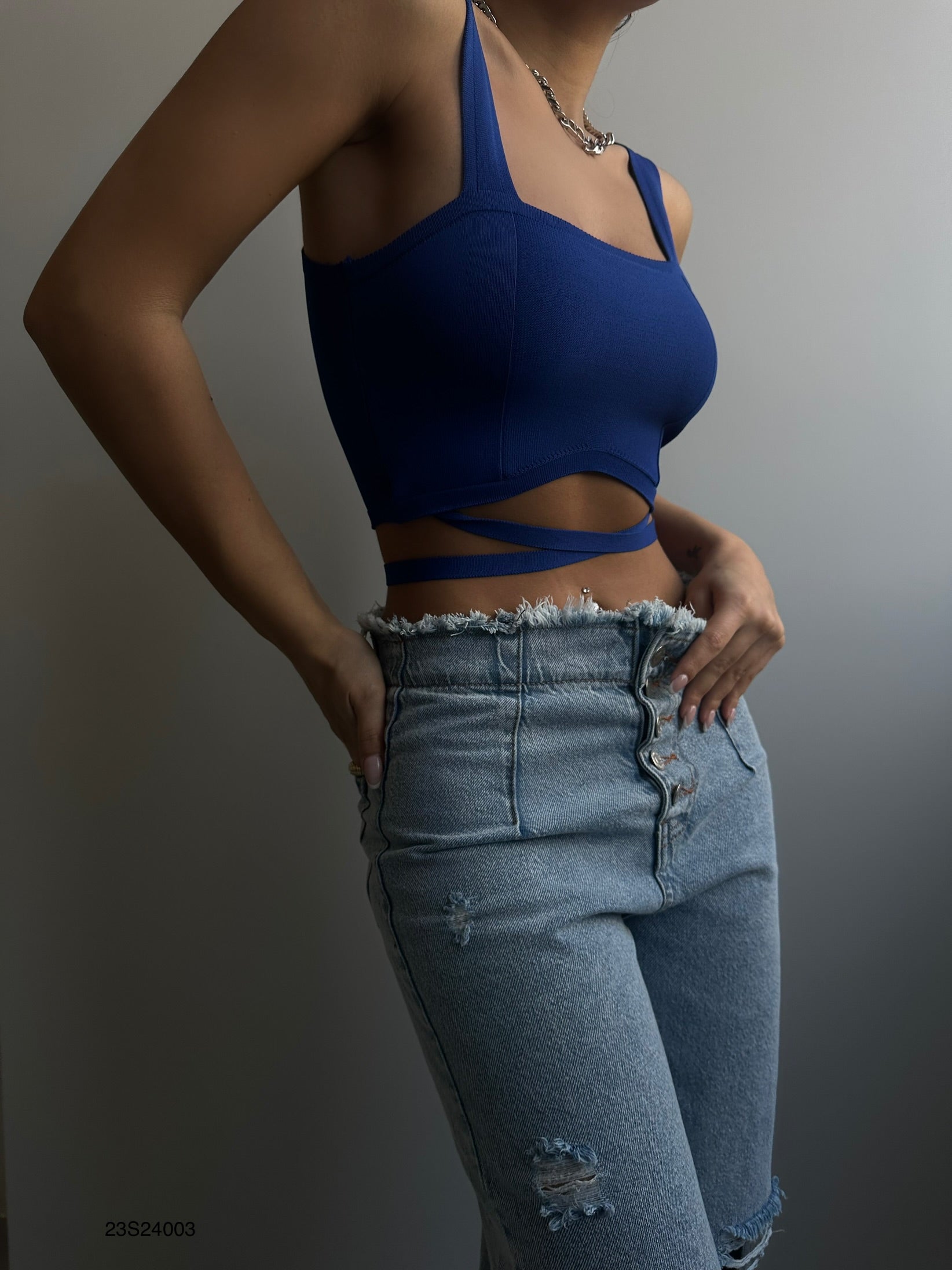 Waist Tie Blue Crop Blouse