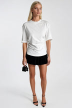 Waist Ruched Basic White T-Shirt