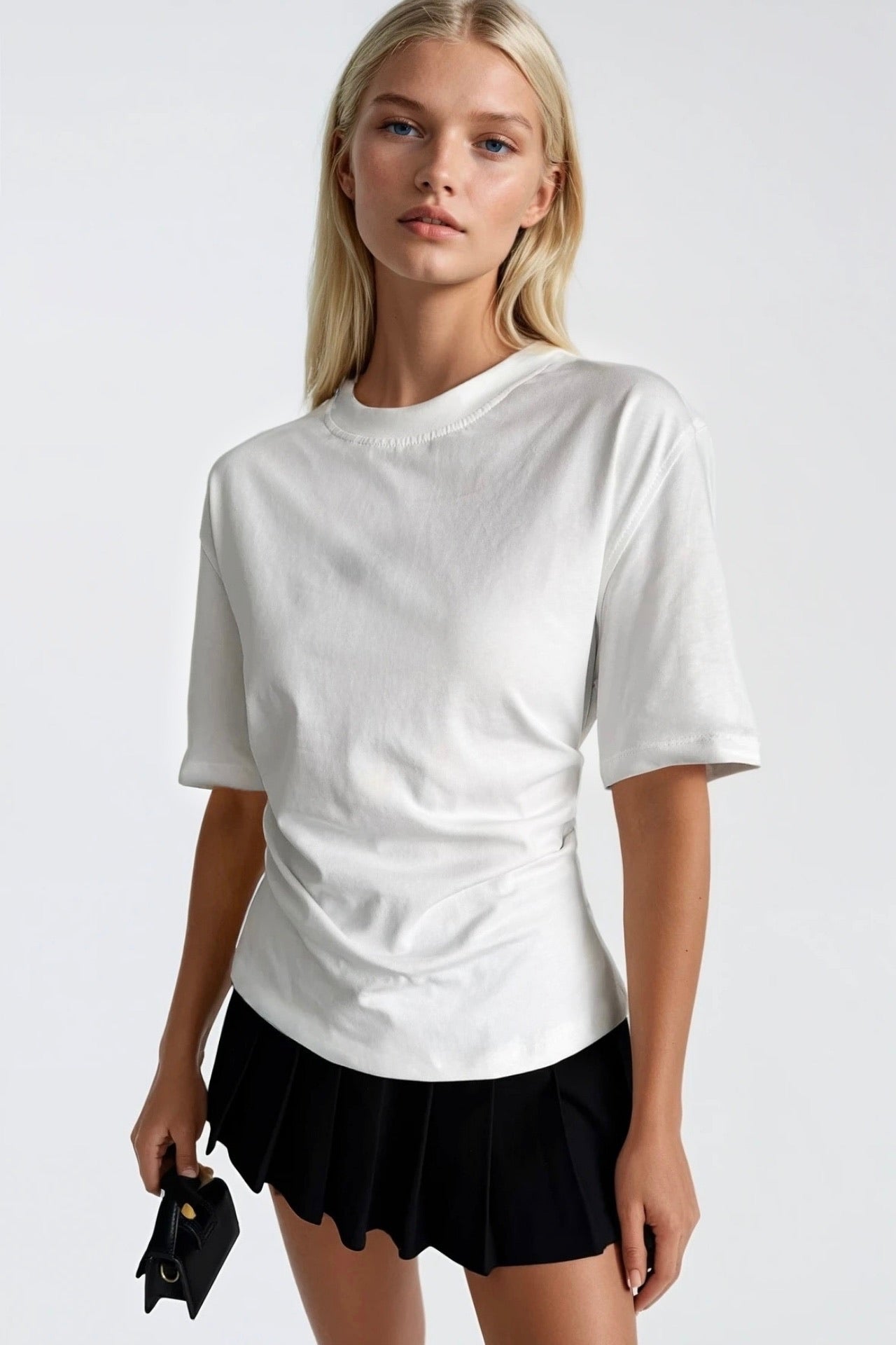 Waist Ruched Basic White T-Shirt